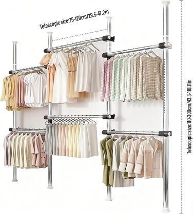 Телескопічна система для гардеробу: розширювана штанга для одягу з 6 штангами та 2 гачками, регульована полиця 110-300 см, для дому та магазину одягу, білий (срібний)