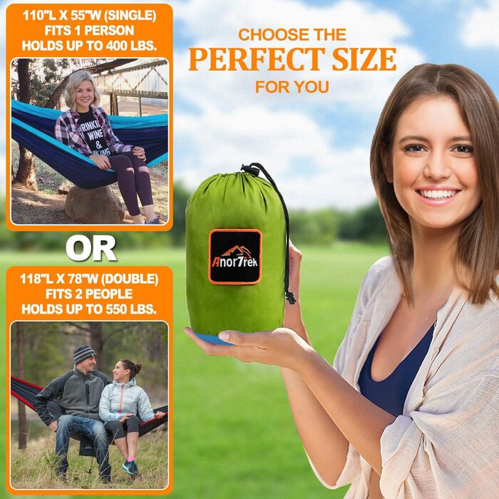 Гамак для відпочинку на відкритому повітрі на 2 особи, 300x200 см, вантажопідйомність 249 кг, ультралегкий, з ременями для дерев, дихаючий нейлоновий гамак для подорожей, кемпінгу та саду (оливковий/синій)