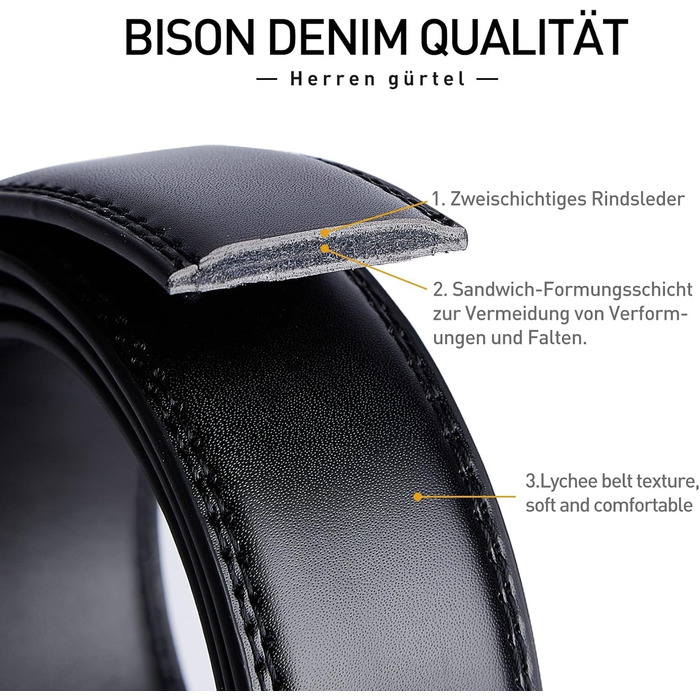 Чоловічий шкіряний ремінь BISON DENIM з автоматичною застібкою-разом - для ділового костюма, ширина 35 мм, чорний