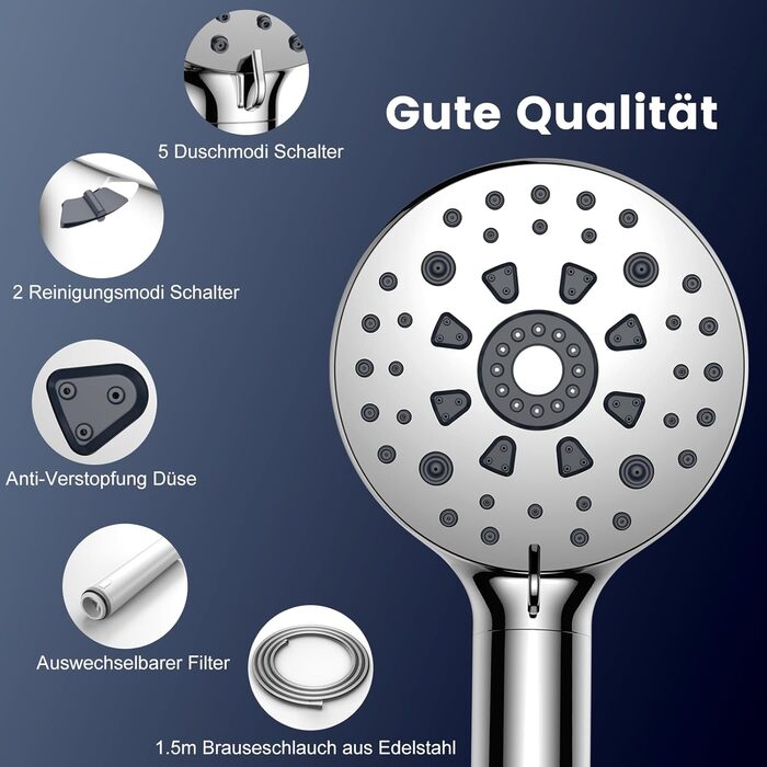 Digiroot Shower Head with Filter, 15 Filtration, Shower with 1.5M Hose, High-Pressure Handheld Shower Rain Shower with 7 Spray Patterns, Water-Saving Shower Head for Removing Hard Water, Residual Chlorine, and Heavy Metals