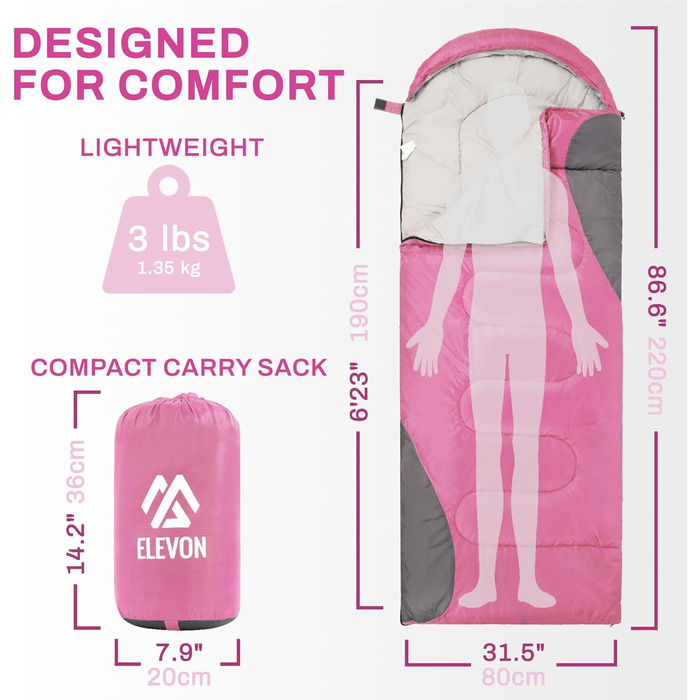 Спальний мішок Elevon для дорослих, підлітків та дітей, для холодної та теплої погоди, водонепроникний, легкий, компактний з компресійним мішком, для 3-4 сезонів, кемпінг, рюкзак, подорожі, зелений (1 особа, 1 шт., Рожевий)