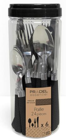 Amefa PAILLE Cutlery Set for 6 | Dinner Cutlery Set 24-Piece | Black Handles with Braided Design | Cutlery Set 18/0 Stainless Steel | Dishwasher-Safe Cutlery Set | 6 each of Fork, Knife, Spoon & Teaspoon