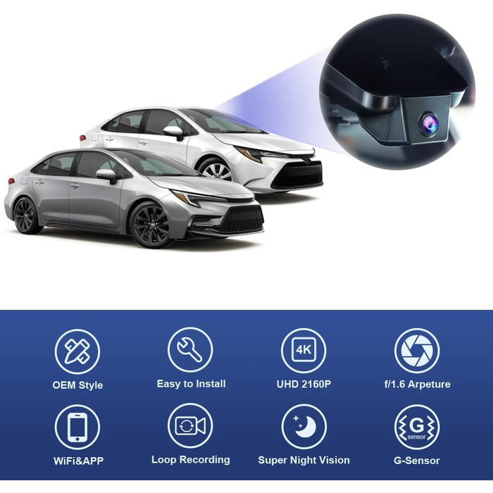 Автомобільний відеореєстратор Fitcamx 4K для Toyota Corolla Hybrid Hatchback 2023-2026 (LE, SE, XLE, XSE), OEM стиль, WiFi, G-сенсор, нічна зйомка, WDR, Plug&Play, з карткою пам'яті 64GB