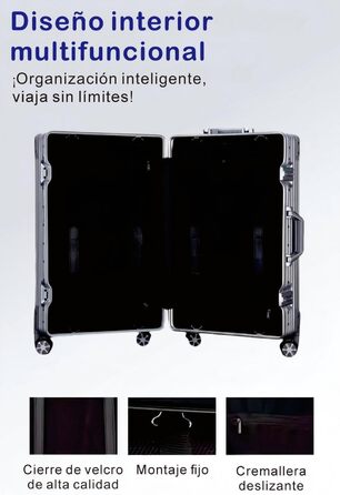 Чемодан-тележка Yuweijie з алюмінієвим каркасом та жорстким корпусом з полікарбонату, 4 колеса, розмір L, 55 см, 35 л (Чорний)