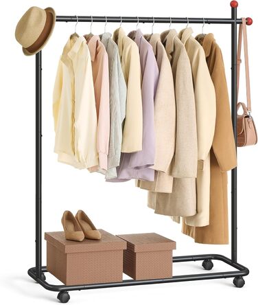 SONGMICS HOME Clothes Rack with Wheels, Coat Rack, 2 Clothes Rails, Shelf, Side Organizer, Matchstick-Shaped Hooks, Stable, Bedroom, Hallway, HSR171B01 (39W x 154.6H cm, Ink Black)