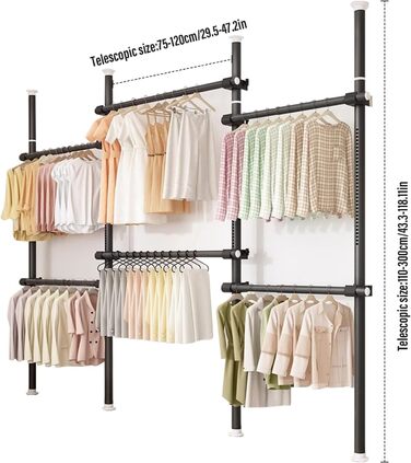 Телескопічна система для гардеробу, штанга для одягу з 6 штангами, телескопічний шафа для одягу з 2 гачками, регульована полиця 110-300 см, для дому та магазину одягу, білий (чорний)