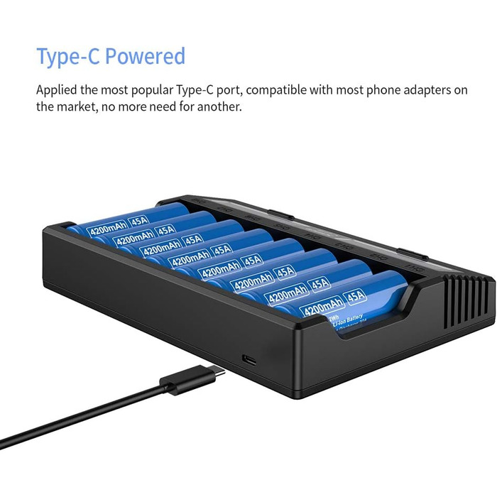 Зарядний пристрій Xtar VC8 для акумуляторів 18650/21700 з LCD-дисплеєм та тестуванням ємності, сумісний з 10440, 16340, 17670, 26650, AA, NI-MH