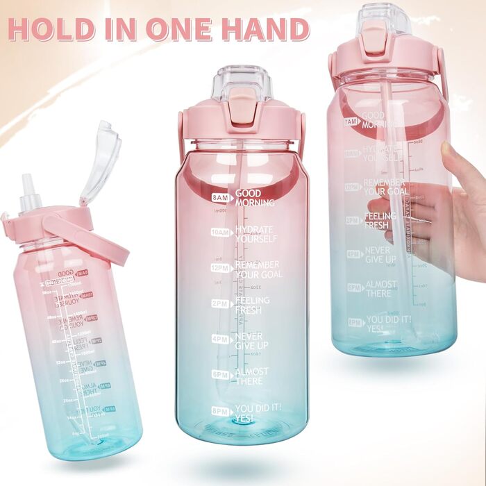 2L Tritan Water Bottle with Straw & Time Marker 2 liter BPA-free Motivational Water Bottle with Clock Large Sports Bottle for Gym, Fitness, Hiking (Transparent Rose / Cyan)