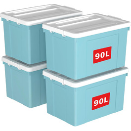 Cetomo 65 l x 6 Plastic Storage Box, Tote Bag, Organizer Container with Sturdy Lid and Secure Locking Buckles, Stackable and Nestable, 6 Pieces, Blue with Buckle (90L*4)