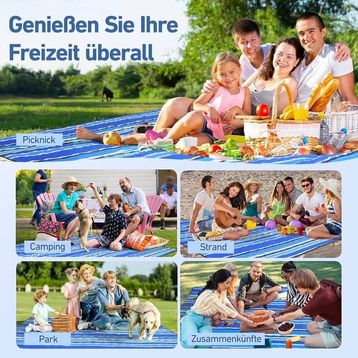 Водонепроникний плед для пікніка Boho 200x200см, XXL. Плед для пікніка, пляжу, кемпінгу, з бавовни, пісконепроникний, пральний, туристичний. Синій у смужку