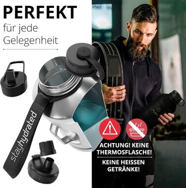 Спортивна пляшка з нержавіючої сталі ACTIVE FLASK 2 л з трубочкою, 3 кришки, BPA-free, не протікає, для газованої води, XL пляшка для спорту, фітнесу, туризму