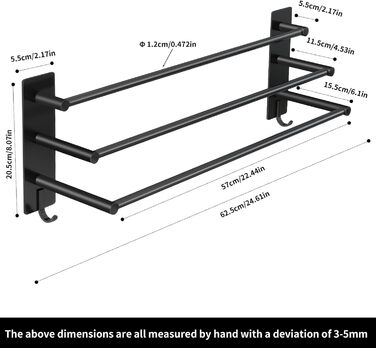 Тримач для рушників Vista з 3-ма штангами, без свердління, нержавіюча сталь SUS304, сріблястий, з двома гачками, 60 см, для кухні, ванної кімнати, спальні