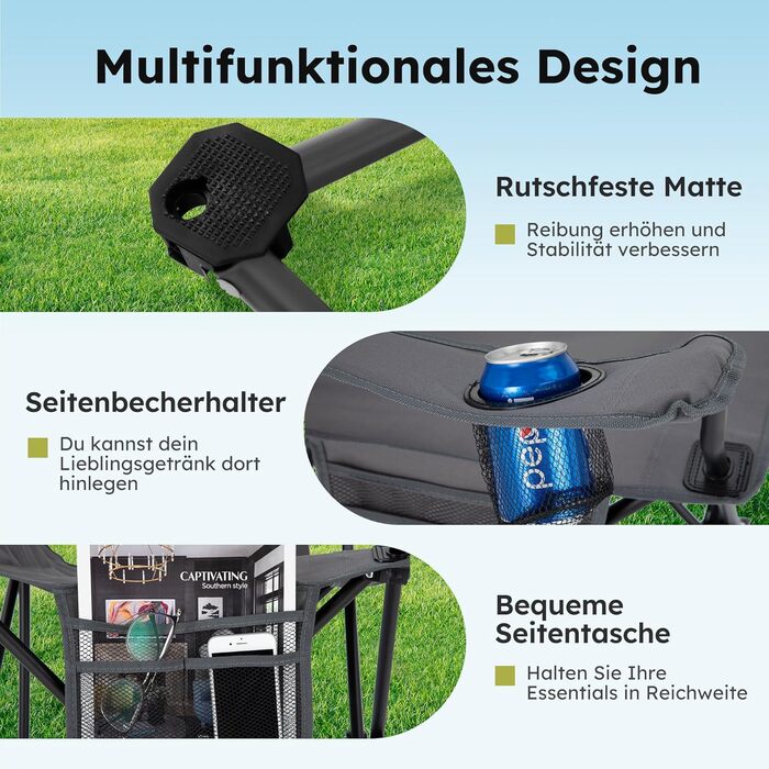 Набір 2 складаних стільців High Point Sports для кемпінгу, риболовлі та відпочинку з підсклянником та охолоджувачем (до 120 кг), сірий