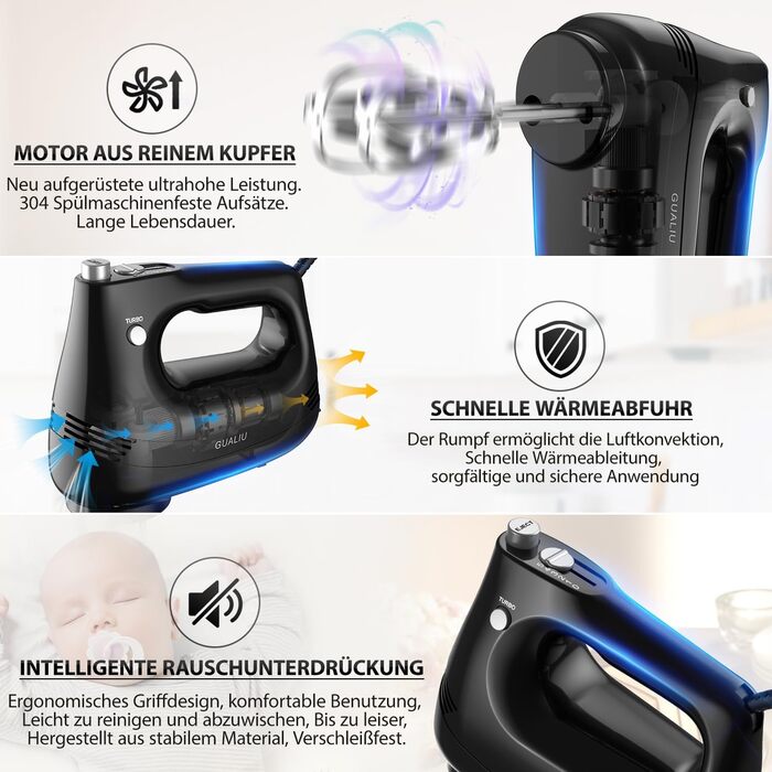 Електричний ручний міксер 300W з нержавіючої сталі, вінчики та гаки для тіста, 5 швидкостей, Turbo Boost, для випічки, тортів, яєць, збивання, чорний