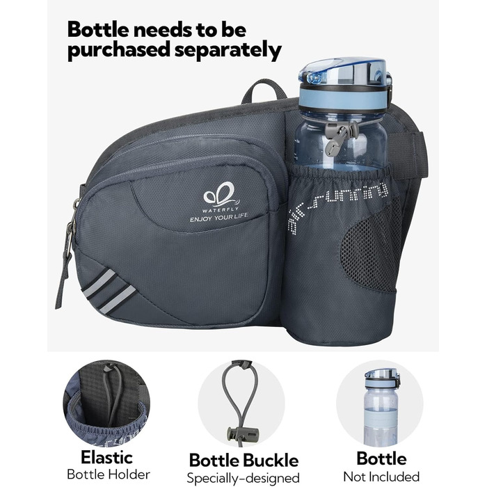 Спортивна поясна сумка Waterfly з тримачем для пляшки, сіра. Для бігу, велоспорту, кемпінгу, подорожей та інших активностей.