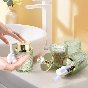 Набір аксесуарів для ванної кімнати Dasiton зі скла, 4 шт: дозатор для мила, тримач для зубних щіток, стаканчик для зубної пасти, контейнер для ватних паличок, декор для ванної кімнати, преміум-якість (зелений)