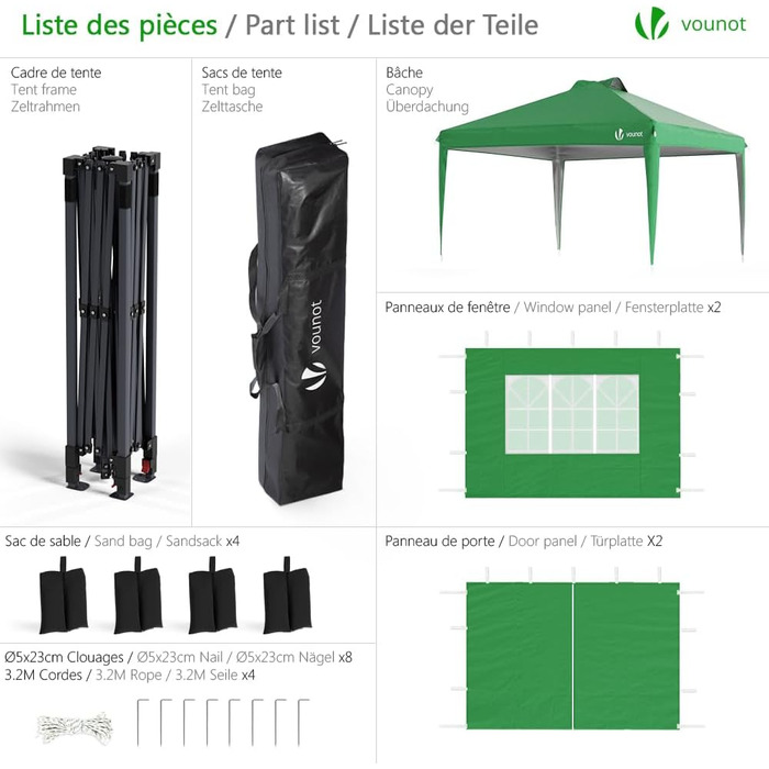 VOUNOT® 3x3m (approx. 10x10ft) Gazebo, Waterproof, Stable, Winter-Resistant, Pop-Up Folding Gazebo with 4 Side Walls and 3 Sandbags, Foldable Party Tent, Garden Tent, Garden Gazebo including Bag, Green