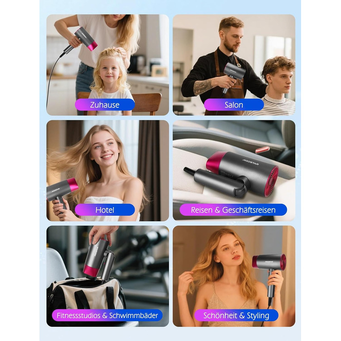 Aigostar Фен для подорожей 2100W з складною ручкою, сірий, з захистом від перегріву, з сумкою