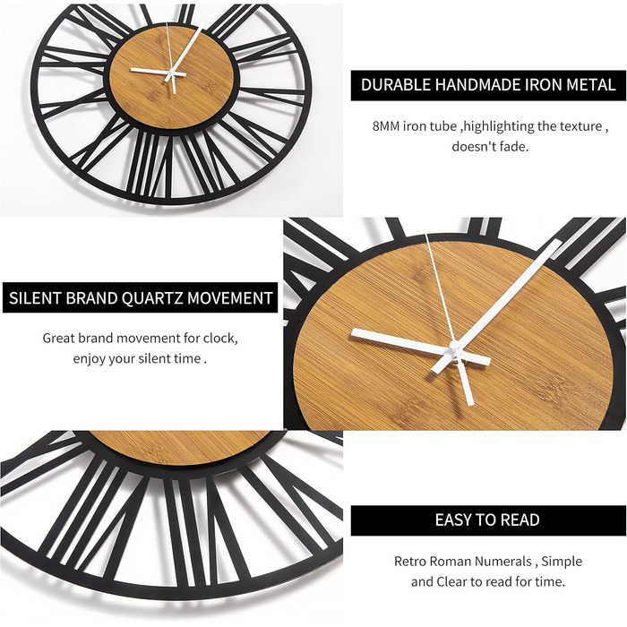 HAITANG Round Wall Clock, Black, 34 cm, for Living Room, Decoration, Vintage Style, Roman Numerals, Silent, Non-Ticking, Wall Clocks for Home, Garden, Office, Cafe Decoration