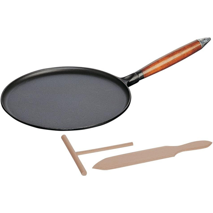 STAUB Crepe Pan made of cast iron, with wooden handle, round 28 cm, with matte black enamel coating inside the pan, suitable for all stovetops including induction, black