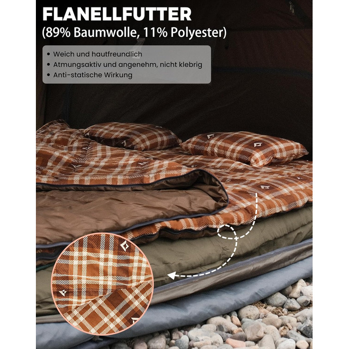 Спальний мішок KingCamp для 2 осіб з фланелі, зимовий, теплий, 3-4 сезони, з 2 подушками, для кемпінгу, подорожей та активного відпочинку на природі