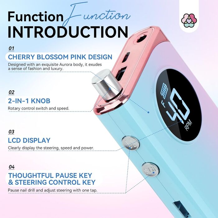 Електрична фрезер для нігтів Saviland 40000 об/хв, 12 в 1, професійний манікюр/педикюр, 4000mAh, USB, портативна, з набором фрезерних насадок, градієнтний колір