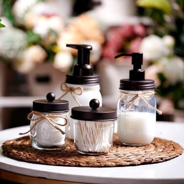 Mason Jar Bathroom Accessory Set, 4 Piece, Foaming Soap Dispenser & 2 Qtip Holders & Toothbrush Holder, Rustic Farmhouse Decor, Apothecary Glass, Countryside Countertop (Black) (Farmhouse, Bronze)