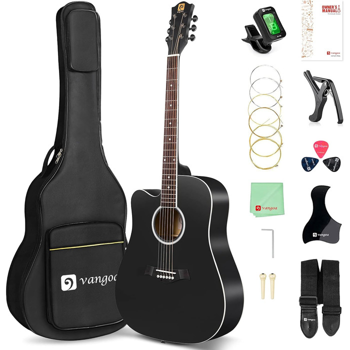 Акустична гітара Vangoa 4/4 для початківців та дорослих, чорна, з каподастром та чохлом