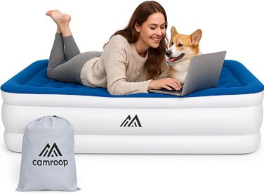 Надувний матрац для одного спального місця, 190 x 99 x 46 см, з вбудованим насосом, для дому, подорожей та кемпінгу, Максимальне навантаження: 300 кг, Колір: блакитний та білий