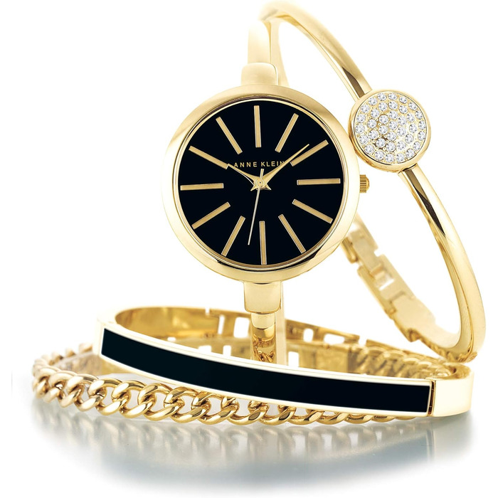 Жіночий набір аксесуарів Anne Klein: золотистий годинник-браслет та комплект браслетів, Gold/Black