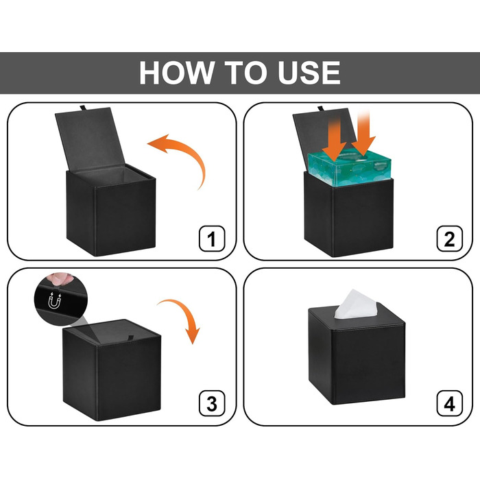 Стильна коробка для серветок квадратна, PU-шкіра, чорна. Організатор для ванної, спальні, кухні, офісу