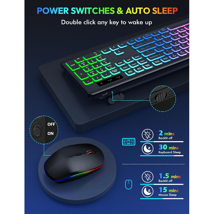 Бездротова клавіатура та миша з підсвічуванням, USB-C, тиха, для Mac/Windows/PC/Laptop - Чорний, QWERTY
