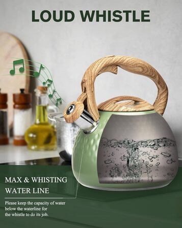 Чайник для заварювання чаю Teekessel 2,7 л з емальованим покриттям зеленого кольору з імітацією дерева, з носиком, з нержавіючої сталі, антижаровий ручка оливкового кольору