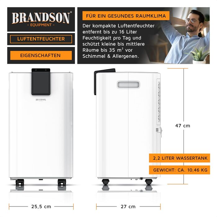 Електричний осушувач повітря Brandson 16L з компресором – 16 літрів/24 години – тихий – дисплей – для спальні, ванної, підвалу