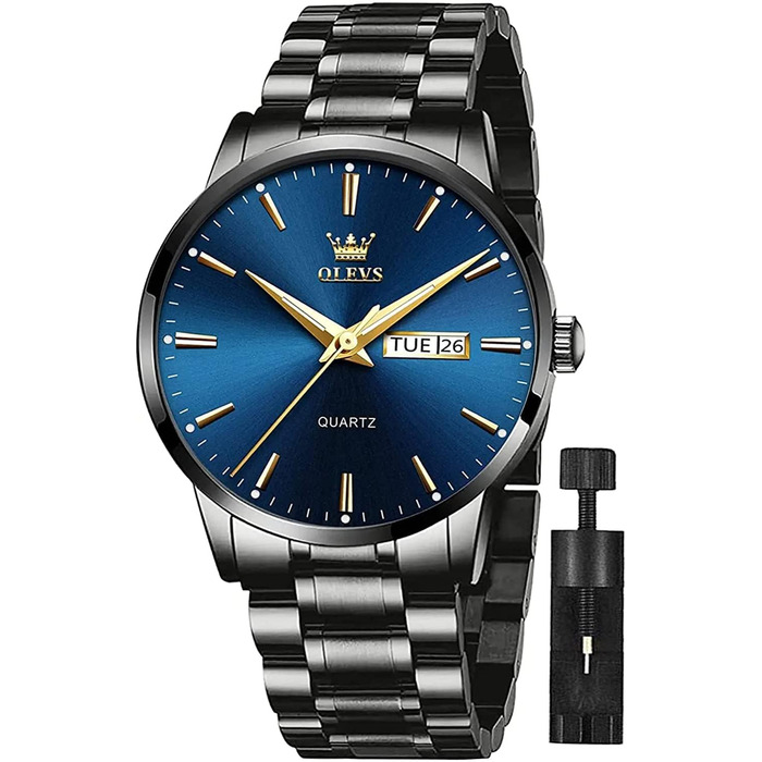 Чоловічий годинник OLEVS Скелетон з кварцовим механізмом, сталевий ремінець, водонепроникний, спортивний стиль (6898 чорний/синій)