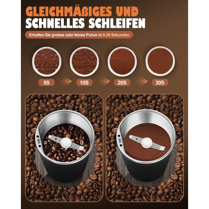 Електрична кавомолка 80г, потужний 350W двигун для кави та спецій, з регулюванням помелу, портативна, з щіткою для чищення, нержавіюча сталь, чорний
