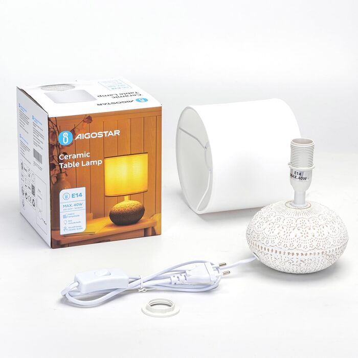 Керамічна настільна лампа Aigostar Vintage з абажуром з тканини, патрон E14, макс. 40W, сучасна лампа для спальні, вітальні, офісу (без лампочки) - H235mm (білий - H22.5cm)