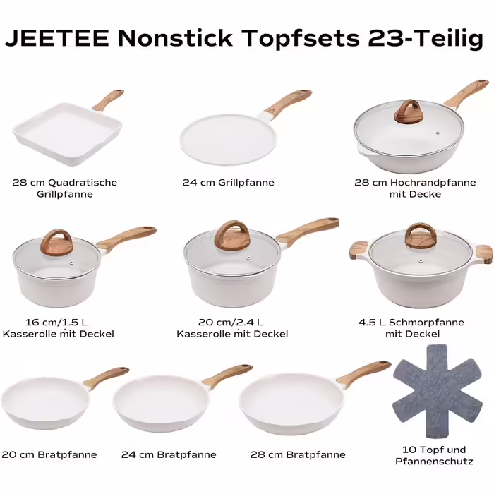 JEETEE Wesentlich набір каструль і сковорідок 23 предмети, антипригарний гранітний посуд для індукції, з кришками, бежевий
