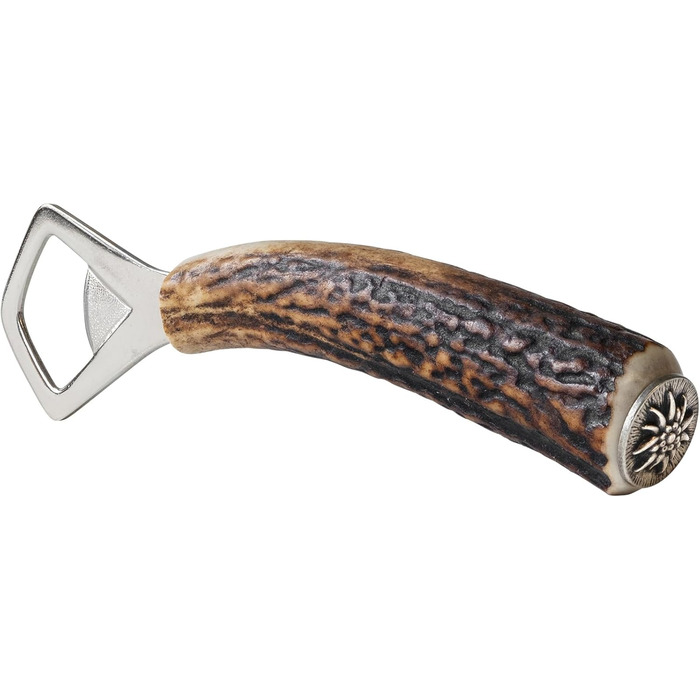 Bottle opener made of stag horn, with a handle made of genuine horn, traditional-style capsule opener, silver-plated decorative cap with edelweiss motif, ideal for traditional dress enthusiasts and hunters, as well as for a rustic home.