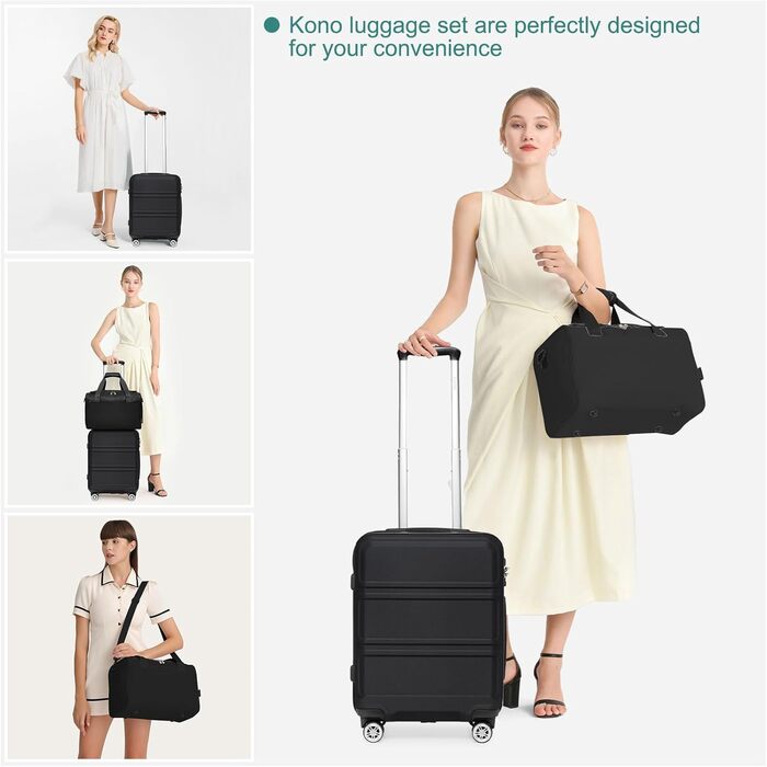 Набір валіз KONO 55 см: 2 валізи + сумка Ryanair (40x20x25 см). Колір: кремовий (чорний).