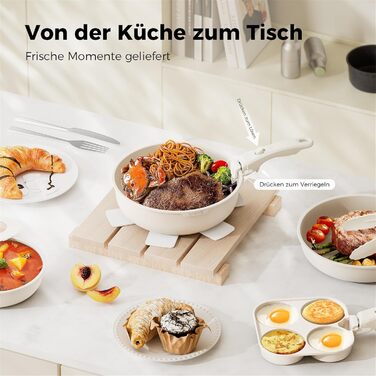 Набір посуду YASHE 20 предметів з антипригарним покриттям, знімні ручки, для індукційних плит, до 230°C, для мийки, можна складати, ідеальний для сімей (Білий)