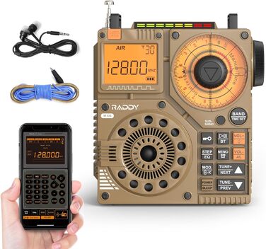 Радіо Raddy RF320: короткі хвилі, FM/AM/VHF/SW/AIR, Bluetooth, TF-карта, перезаряджається, портативне, з антеною 3м, навушники, ліхтарик, SOS, жовте