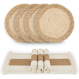 Zology Handcrafted Boho Table Placemats, Set of 4, Natural Cotton, Burlap, and Water Hyacinth, Woven Combination Placemats, Macrame Decor and Farmhouse Style, for Dining Table, Kitchen