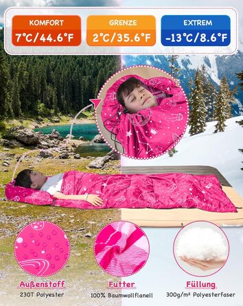 KingCamp Kids Sleeping Bag - Winter Warmth, 3-4 Season Comfort for Camping & Trekking - 170x70cm, 7°C Rating, Adjustable Length