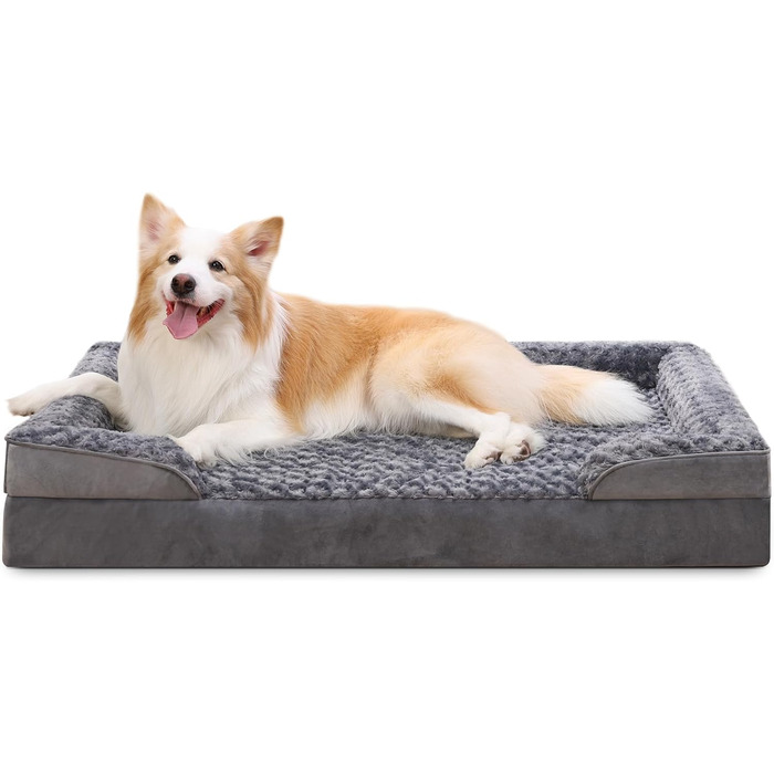 KSIIA Dog Bed for Medium-Sized Dogs, Orthopedic, Removable and Washable Base and Armrest Cover, Waterproof Inner Liner, Dog Sofa Dog Basket with Raised Edges, Non-Slip Bottom, Dog Couch Grey