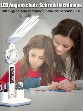 LED-лампа настільна з вентилятором для дітей WLHONG з годинником, тримачем для ручок, календарем та датчиком температури, 3 режими кольору, регульована яскравість, ідеальна для читання