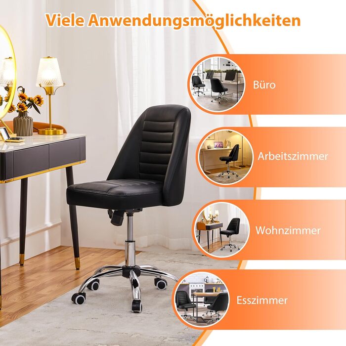 Офісне крісло Yaheetech без підлокітників, обертове, на роликах, регульоване по висоті, чорне, з штучної шкіри