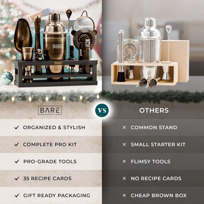 Набір бармена BARE BARREL® Mixology: 16 предметів для приготування коктейлів | Шейкер, барний аксесуар, набір для дому | 35 рецептів, 24oz Cobbler Shaker
