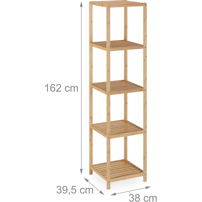 Relaxdays Bamboo Bathroom Shelf, 5 Shelves, HWD: 162 x 38 x 39.5 cm, Freestanding Shelf for Bathroom & Kitchen, Natural