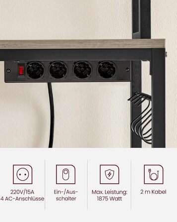 Стелаж кухонний VASAGLE з розетками, для мікрохвильової печі, з решіткою, 14 гачків, антрацит-чорний (40 x 80 x 170 см)